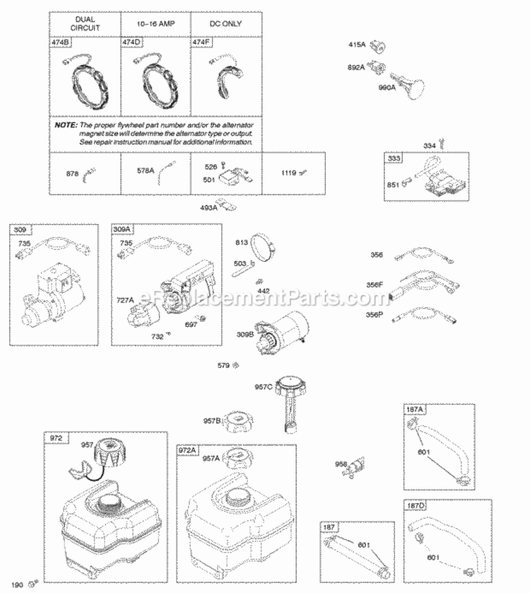 Alternator Electric Starter Fuel Supply Ignition Diagram and Parts List for 20P414-0021-E1  Briggs and Stratton Engine